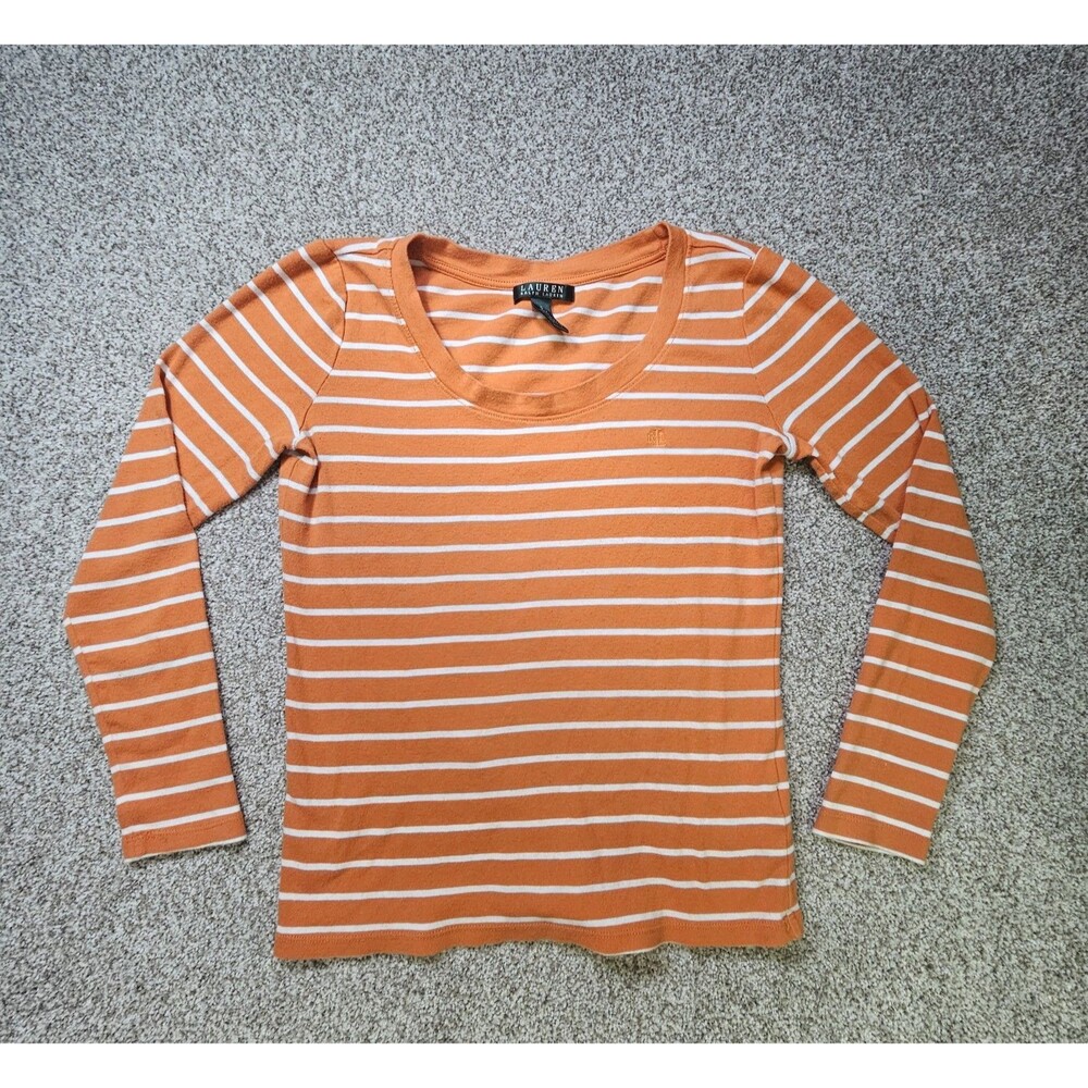 Lauren by Ralph Lauren KERWYN Striped Cotton Henley Sweater Top‎ Orange S
